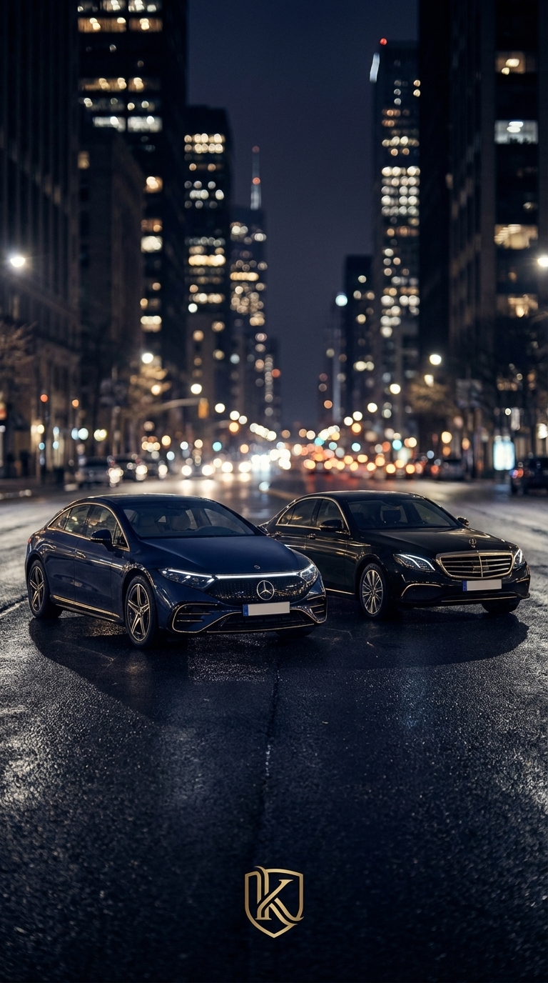 벤츠 인증 중고차 장기렌트 - EQS E클래스 야간 도시 배경